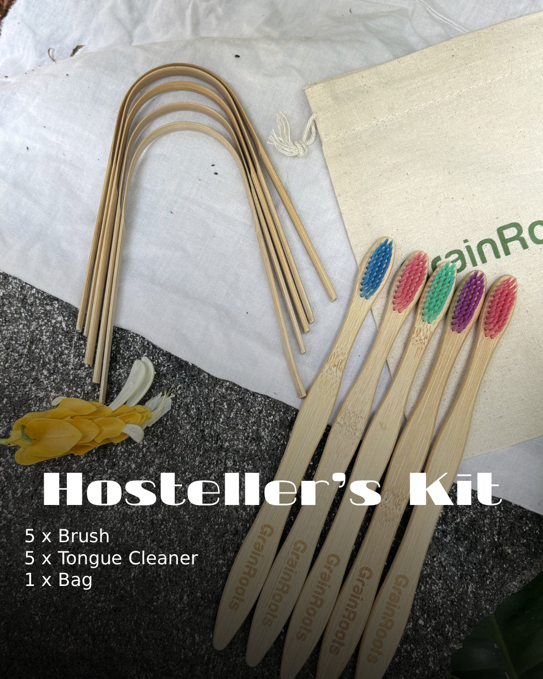 Hosteller's Kit — 5 brushes, 5 tongue cleaners, bag